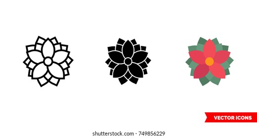 Poinsettia icon of 3 types: color, black and white, outline. Isolated vector sign symbol.