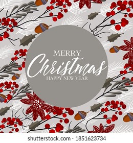 Poinsettia Merry Christmas greeting card or party invitation sale banner winter floral fir tree wreath poinsettia red flower red berry
