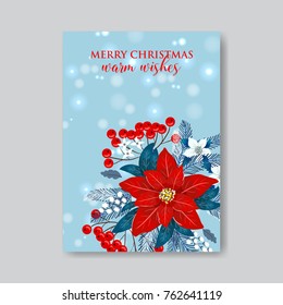 Poinsettia Merry Christmas and Happy New Year greeting card vector template on blue background