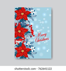 Poinsettia Merry Christmas and Happy New Year greeting card vector template on blue background