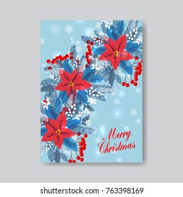 Poinsettia Merry Christmas and Happy New Year greeting card vector template on blue background