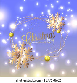 Poinsettia Merry Christmas Party invitation Winter Holiday Greeting card green fir pine tree branch red berry snow background gold frame and text