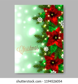 Poinsettia Merry Christmas Party invitation Winter Holiday Greeting card green fir pine tree branch red berry snow background gold frame and text
