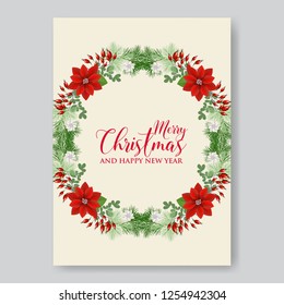 Poinsettia Merry Christmas Party invitation Winter Holiday Greeting card green fir pine tree branch red berry snow background gold frame and text