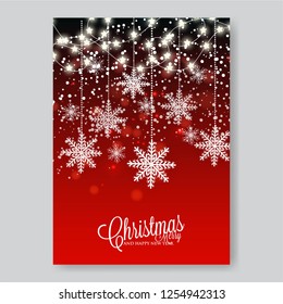 Poinsettia Merry Christmas Party invitation Winter Holiday Greeting card green fir pine tree branch red berry snow background gold frame and text