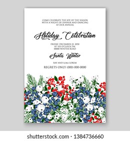 Poinsettia Merry Christmas party invitation Winter flower pine fir needle wreath red blue berry card template vector