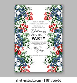 Poinsettia Merry Christmas party invitation Winter flower pine fir needle wreath red blue berry card template vector