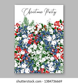 Poinsettia Merry Christmas party invitation Winter flower pine fir needle wreath red blue berry card template vector