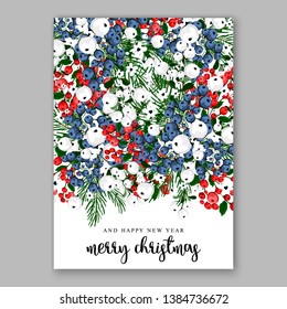 Poinsettia Merry Christmas party invitation Winter flower pine fir needle wreath red blue berry card template vector