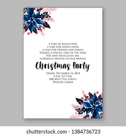 Poinsettia Merry Christmas party invitation Winter flower pine fir needle wreath red blue berry card template vector