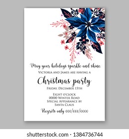 Poinsettia Merry Christmas party invitation Winter navy blue flower pine fir needle wreath red blue berry card template vector
