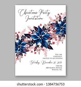 Poinsettia Merry Christmas party invitation Winter navy blue flower pine fir needle wreath red blue berry card template vector