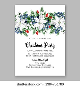 Poinsettia Merry Christmas party invitation Winter navy blue flower pine fir needle wreath red blue berry card template vector