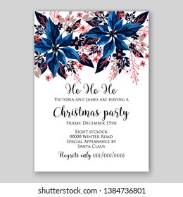 Poinsettia Merry Christmas party invitation Winter navy blue flower pine fir needle wreath red blue berry card template vector