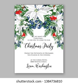 Poinsettia Merry Christmas party invitation Winter navy blue flower pine fir needle wreath red blue berry card template vector