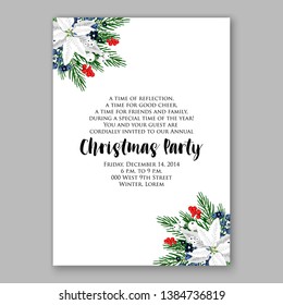 Poinsettia Merry Christmas party invitation Winter navy blue flower pine fir needle wreath red blue berry card template vector