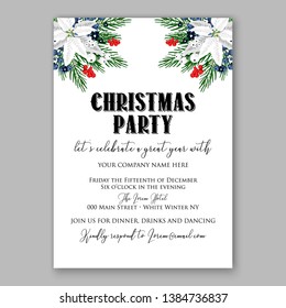 Poinsettia Merry Christmas party invitation Winter navy blue flower pine fir needle wreath red blue berry card template vector