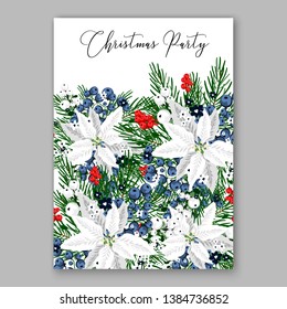 Poinsettia Merry Christmas party invitation Winter navy blue flower pine fir needle wreath red blue berry card template vector