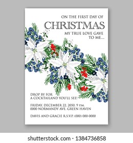 Poinsettia Merry Christmas party invitation Winter navy blue flower pine fir needle wreath red blue berry card template vector