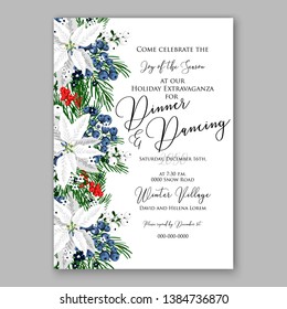 Poinsettia Merry Christmas party invitation Winter navy blue flower pine fir needle wreath red blue berry card template vector