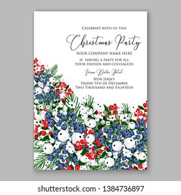 Poinsettia Merry Christmas party invitation Winter navy blue flower pine fir needle wreath red blue berry card template vector