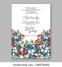Poinsettia Merry Christmas party invitation Winter navy blue flower pine fir needle wreath red blue berry card template vector
