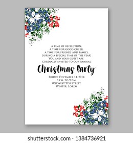 Poinsettia Merry Christmas party invitation Winter navy blue flower pine fir needle wreath red blue berry card template vector