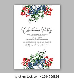 Poinsettia Merry Christmas party invitation Winter navy blue flower pine fir needle wreath red blue berry card template vector