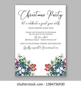 Poinsettia Merry Christmas party invitation Winter navy blue flower pine fir needle wreath red blue berry card template vector