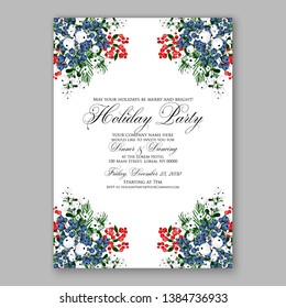 Poinsettia Merry Christmas party invitation Winter navy blue flower pine fir needle wreath red blue berry card template vector