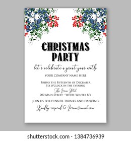 Poinsettia Merry Christmas party invitation Winter flower pine fir needle wreath red blue berry card template vector