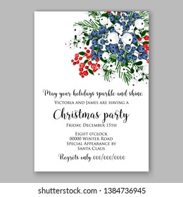 Poinsettia Merry Christmas party invitation Winter flower pine fir needle wreath red blue berry card template vector