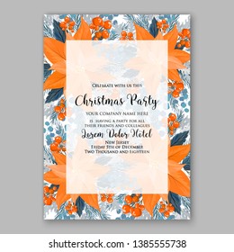 Poinsettia Merry Christmas Party Invitation vector card template  fir cranberry red blue berry winter greenery needle holiday wreath illustration