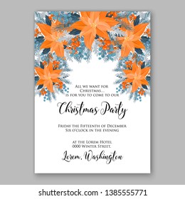 Poinsettia Merry Christmas Party Invitation vector card template  fir cranberry red blue berry winter greenery needle holiday wreath illustration