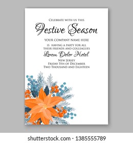 Poinsettia Merry Christmas Party Invitation vector card template  fir cranberry red blue berry winter greenery needle holiday wreath illustration
