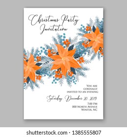 Poinsettia Merry Christmas Party Invitation vector card template  fir cranberry red blue berry winter greenery needle holiday wreath illustration