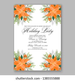 Poinsettia Merry Christmas Party Invitation vector card template  fir cranberry red blue berry winter greenery needle holiday wreath illustration