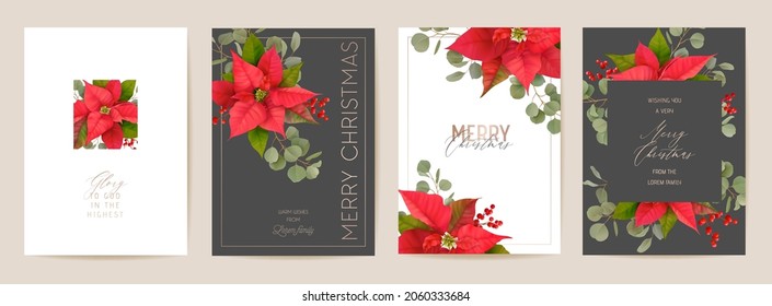 Poinsettia Realistic Vector Christmas Card Set, Floral Happy New Year Illustration. Mistletoe Frame Design Set, Winter 3d Flowers greetings, invitation, flyer, brochure, cover