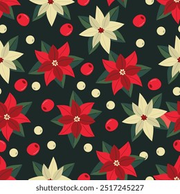 Poinsettia seamless pattern. Christmas star plant ornament. Winter floral background. Christmas decoration. Flowers on green backdrop. 