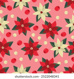 Poinsettia seamless pattern. Christmas star plant ornament. Winter floral background. Christmas decoration. Flowers on pink backdrop. 