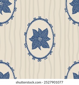 Poinsettia padrão sem emenda. Flor no quadro oval fundo sem fim. Projeto padrão de superfície motivo festivo de inverno. Ilustração plana desenhada à mão do vetor.