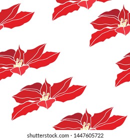 Poinsettia seamless pattern vector illustration. Colored Christmas poinsettia red flower pattern. Design for poligraphy, design, invitations, greeting cards, quotes, posters.