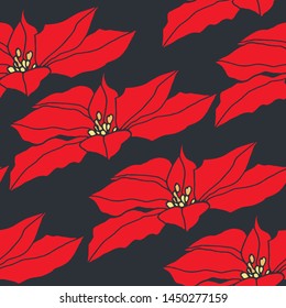Poinsettia seamless pattern vector illustration. Christmas poinsettia flower pattern. Design for poligraphy, invitations, greeting cards, quotes, posters and more.