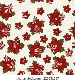 Poinsettia and snowflakes on white background. Seamless wallpaper