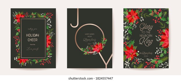 Poinsettia Vector Christmas Card, Floral Happy New Year 2021 Illustration, Pine Branches, Holly Berry, Mistletoe Design Set, Winter Flowers greetings, invitation, flyer, brochure, cover

