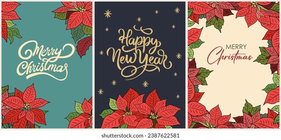 Poinsettia Vector Christmas Card, Floral Happy New Year 2024 Illustration, Pine Branches, Holly Berry, Mistletoe Design Set, Winter Flowers greetings, invitation, flyer, brochure, cover