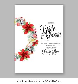 Poinsettia Wedding Invitation card beautiful winter floral ornament Christmas Party invite wreath poinsettia, pine branch fir tree, needle, wild privet berry, flower bouquet Bridal shower watercolor