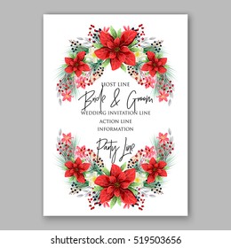 Poinsettia Wedding Invitation card beautiful winter floral ornament Christmas Party invite wreath poinsettia, pine branch fir tree, needle, wild privet berry, flower bouquet Bridal shower watercolor
