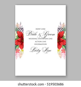 Poinsettia Wedding Invitation card beautiful winter floral ornament Christmas Party invite wreath poinsettia, pine branch fir tree, needle, wild privet berry, flower bouquet Bridal shower watercolor