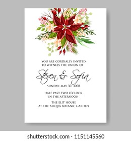 Poinsettia Wedding Invitation sample card beautiful winter floral ornament Christmas Party wreath poinsettia, pine branch fir tree, needle, flower bouquet Bridal shower ribbon template wording